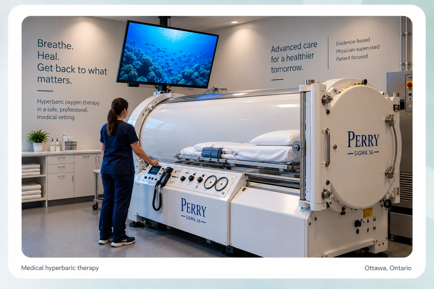 Perry Sigma 36 hyperbaric chamber in a clinical treatment room with an attendant at the controls